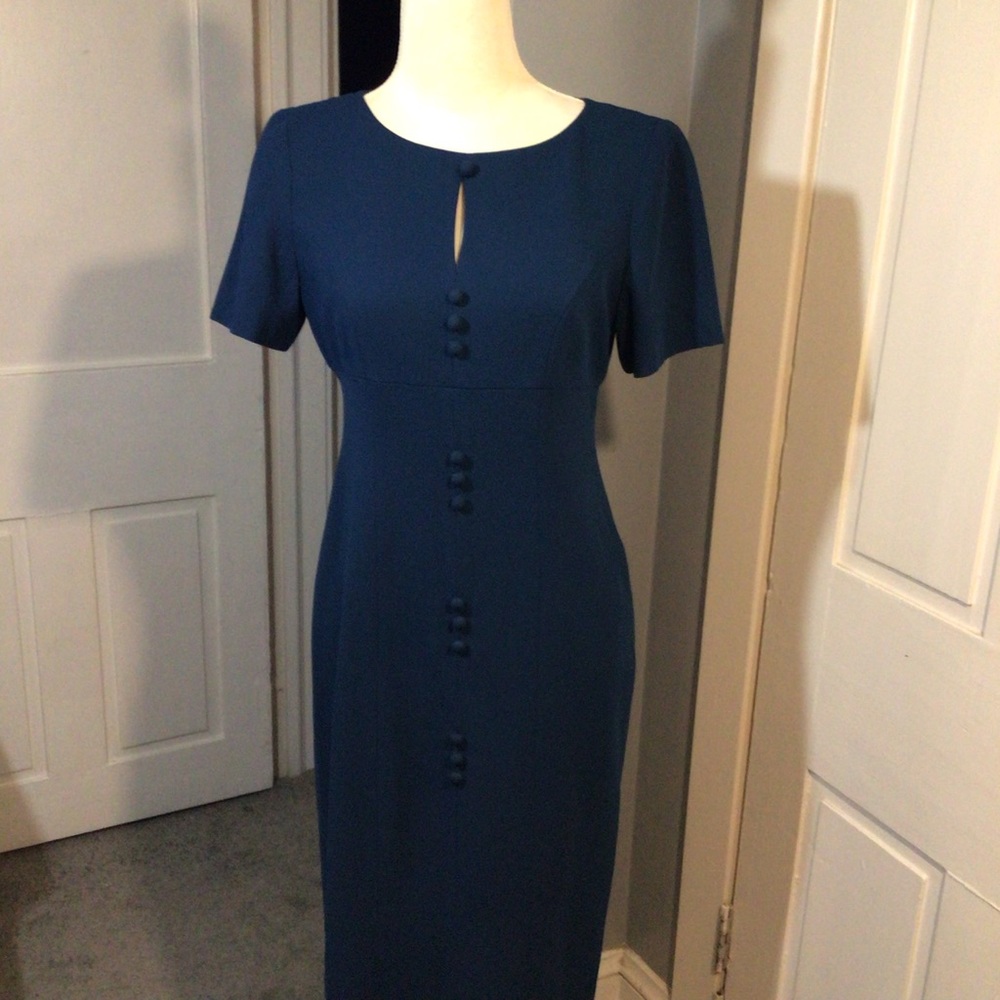 VINTAGE Dark Cerulean Blue Tailored MIDI Dress EUC